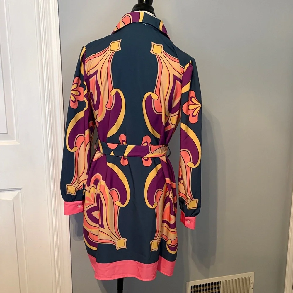 Sundayup Vibrant Patterned Shirt Dress in Pink, Purple & Gold - Picture 3 of 3